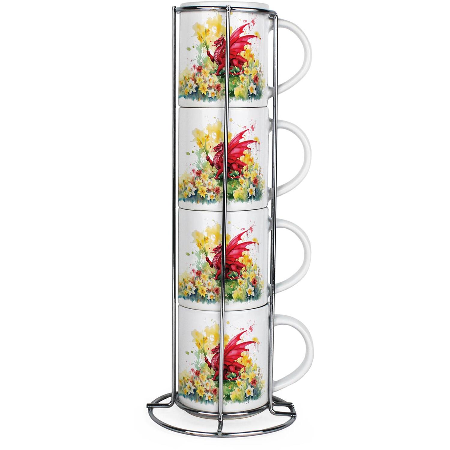 B&Q -  Welsh Dragon Stacking Mugs SetSpring Daffodils Patriotic Wales Souvenir GiftsSet Of 4 Ceramic Mugs Gift Set With Metal Stand - Image 4