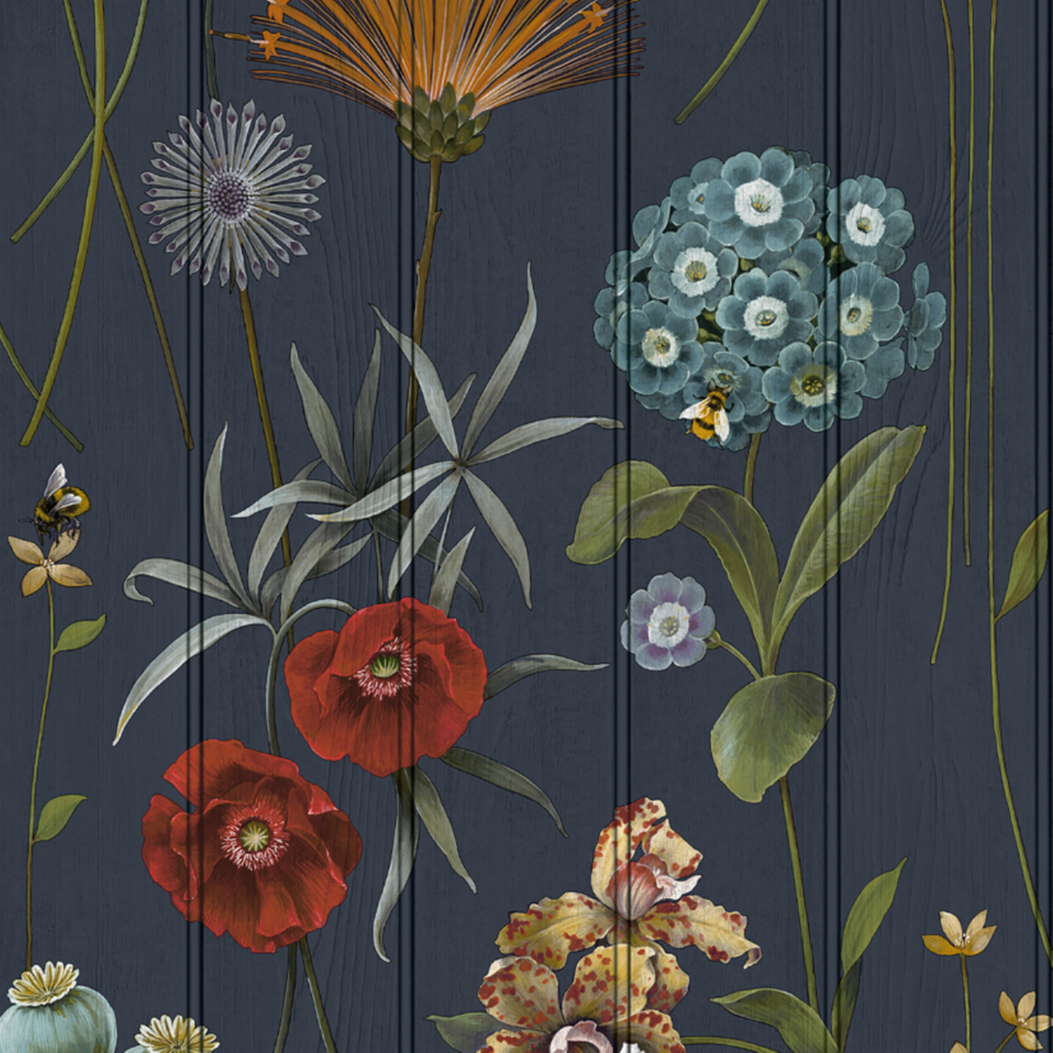 SOPHIE LAURENCE Dark Blue Floral Wallpaper Beaded Wood Panel Effect Bee's Smooth Finish Lounge Feature - Image 2