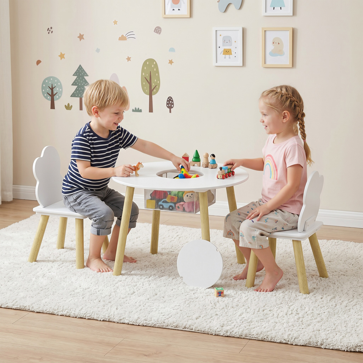 Uk Aiyaplay Kids Table And Chairs Set With Storage Mesh Bag, 3 Piece, White - White