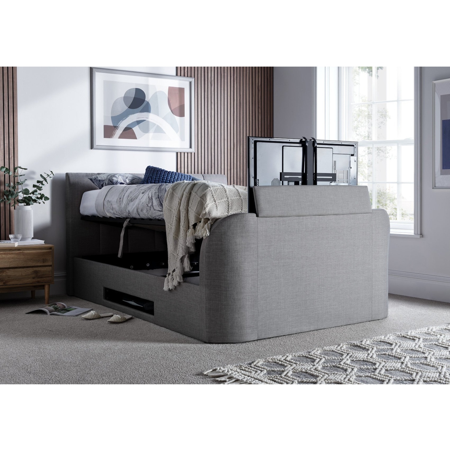 Time4sleep Fabric Double Ottoman Bed Integrated Tv Feature With High Footend - Image 1