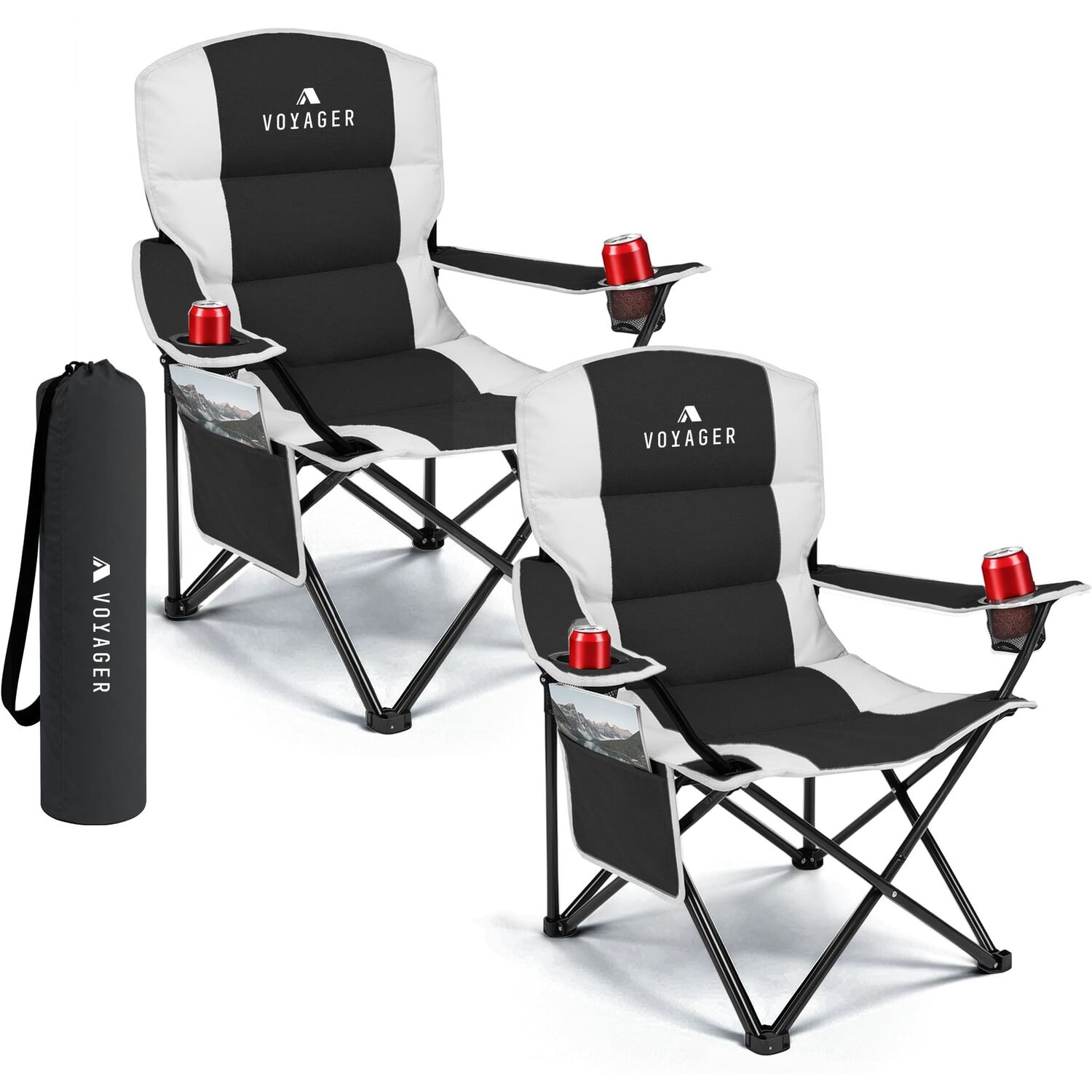 Voyager Padded Camping Chairs Lightweight & Foldable With Cup Holder & Side Pockets, Black, 2 Pack - Image 2