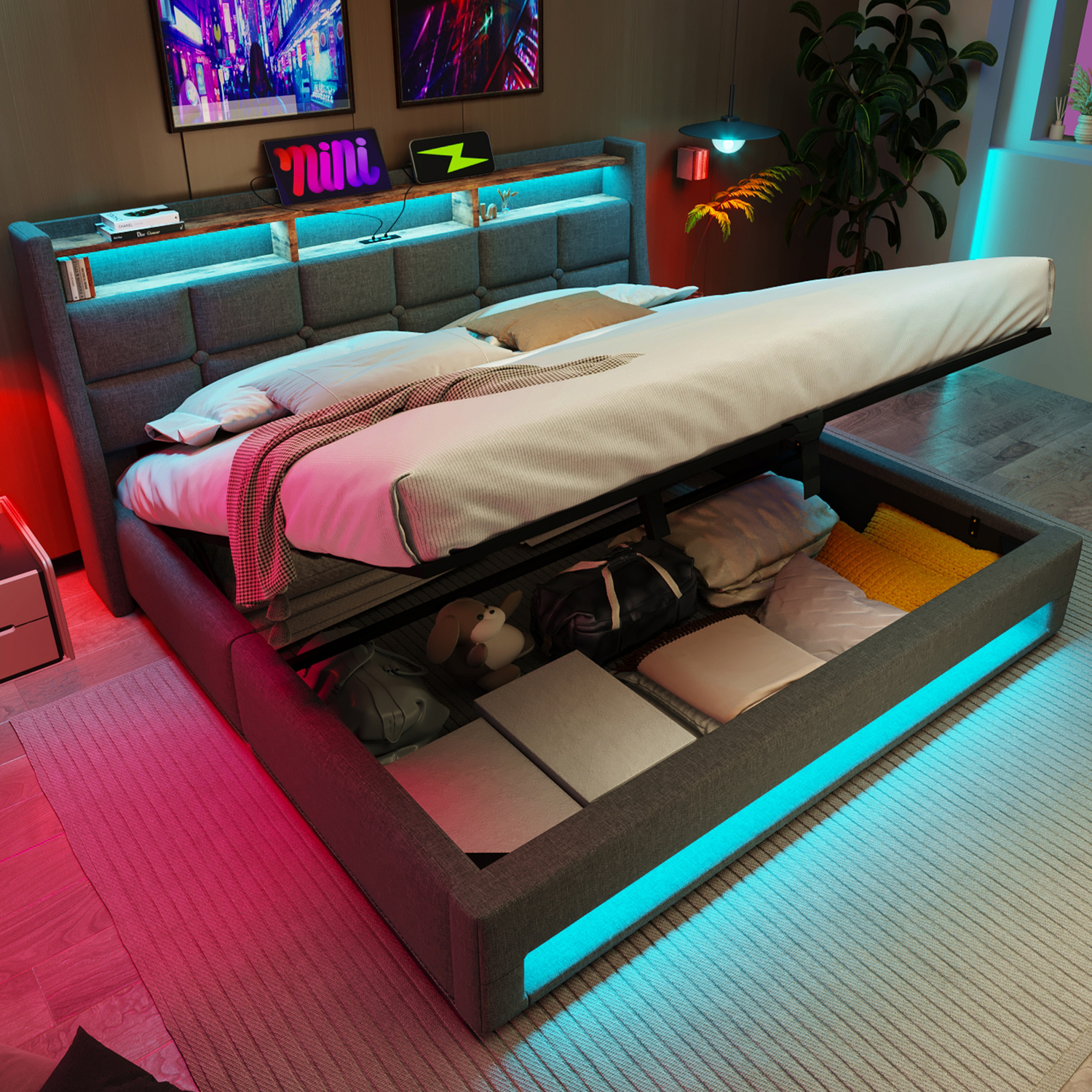 Aka Linen Storage Bed With Led & Usb-C - Grey