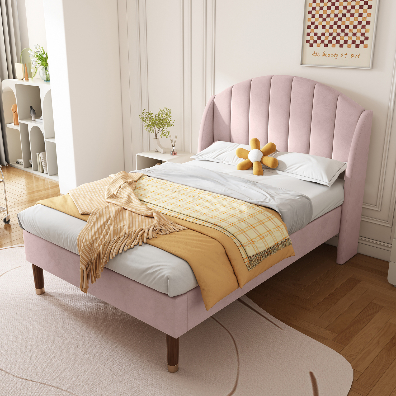 Aka Velvet Upholstered Bed With Headboard - Pink