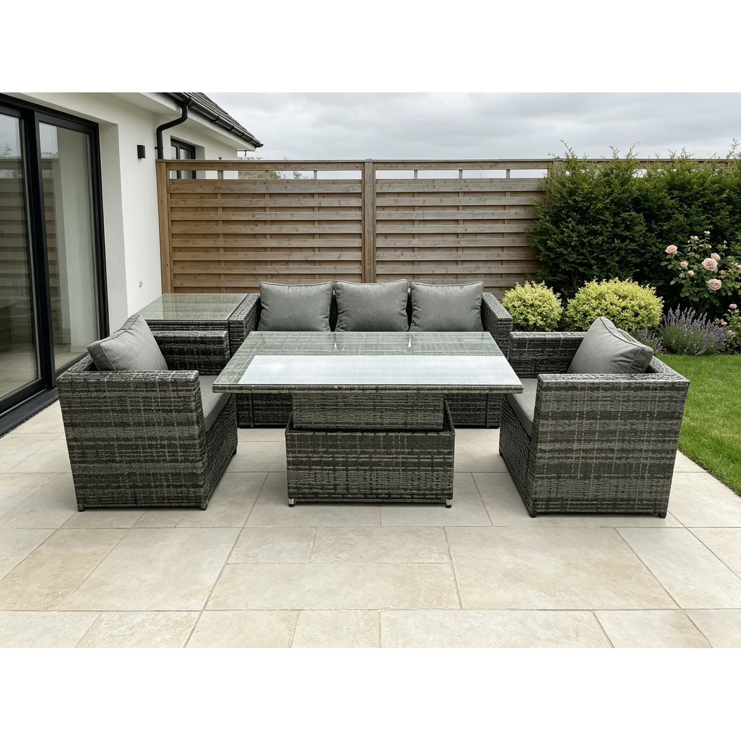 Fimous Unisex Dark Grey Outdoor Rattan Garden Furniture Sofa Set Patio Adjustable Rising Lifting Dining Table Set With Side Table In Size 1 - Image 2