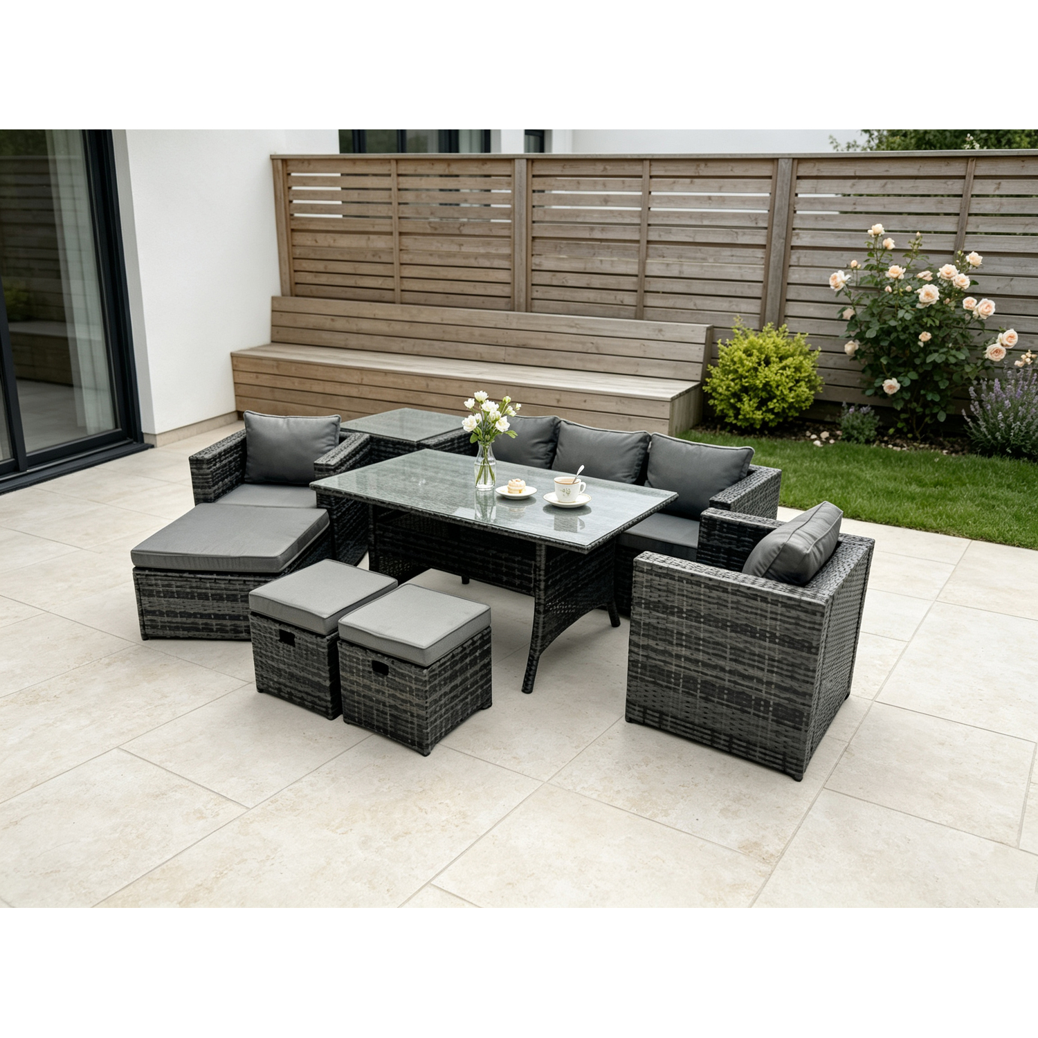 Fimous 8 Seater Outdoor Garden Furniture Set Patio Rattan Rectangular Dining Table Lounge Sofa Chair With Side Table Big Footstool - Image 3