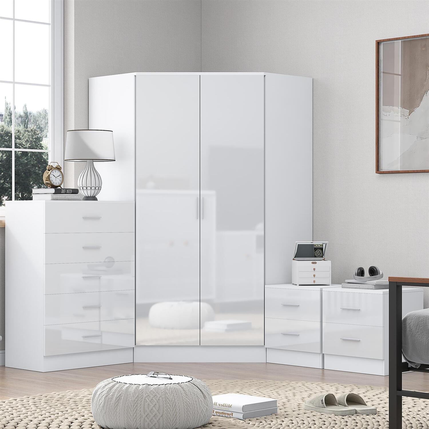 REFLECT Corner Wardrobe + 5 Drawer Chest + 2x 2 Drawer Bedsides - White/White - Image 6