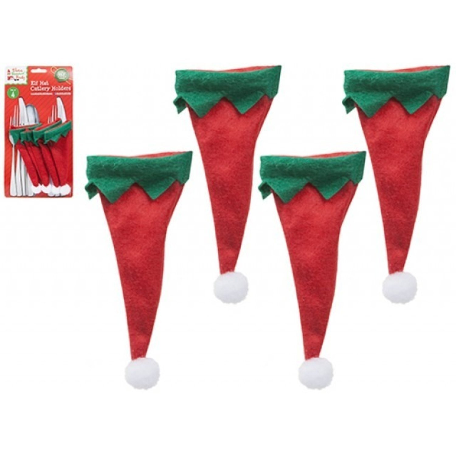 Kdmd Set Of 4 Elf Christmas Hat Table Cutlery Holders On Backing Card - Red