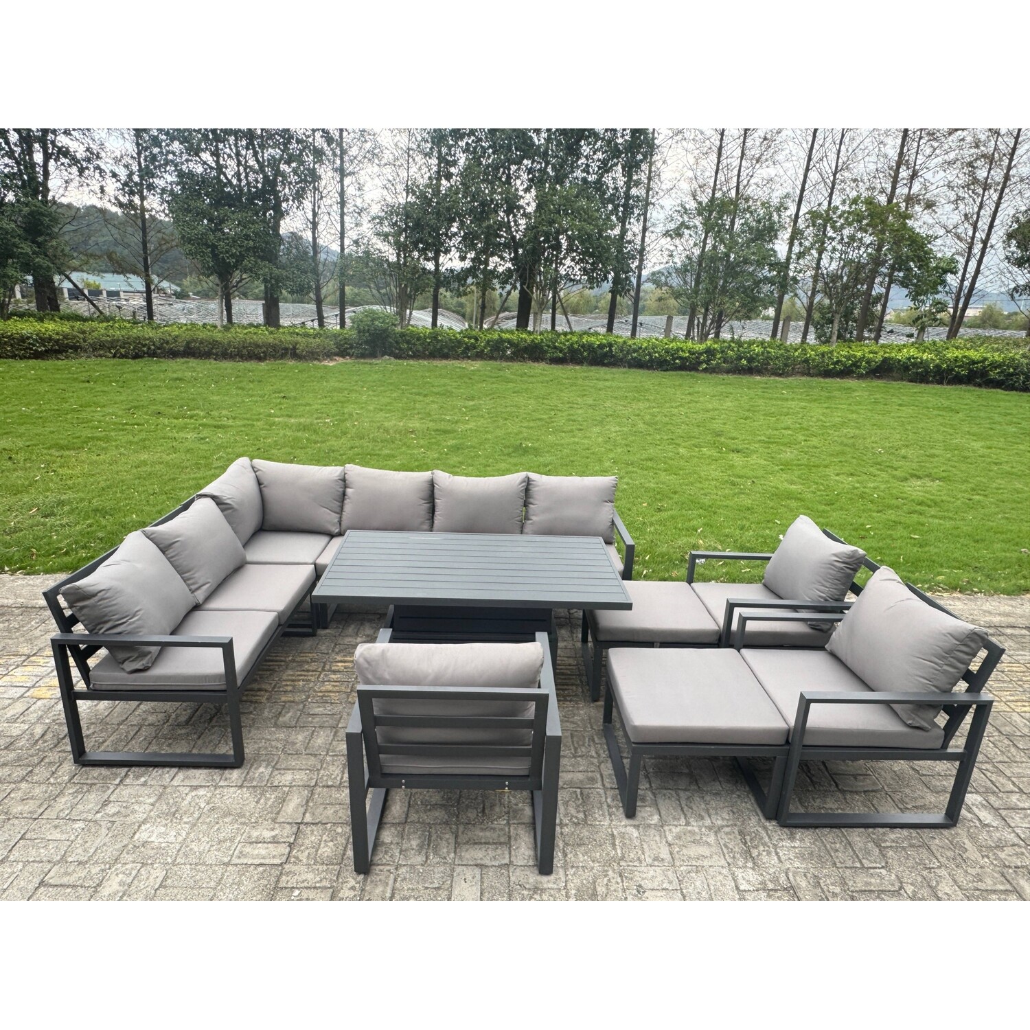 Fimous Aluminium Garden Furniture Sets,11 Seater Outdoor Conversational Dining Set With Adjustable Rising Lifting Dining Table,2 Big Footstools Dark G - Image 3