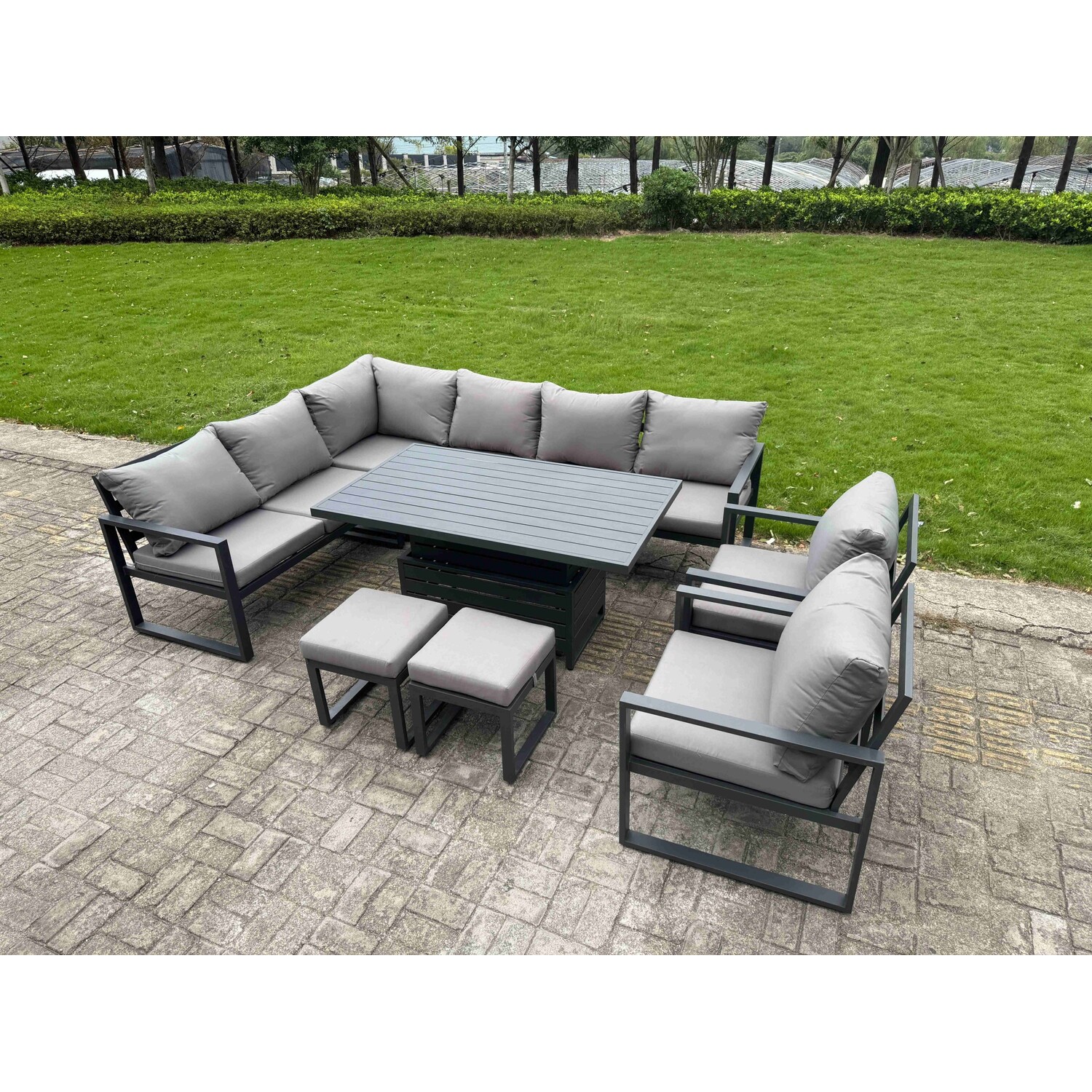 Rackhams Dark/Grey 10 Seater Aluminium Garden Furniture Set With Adjustable Rising Lifting Dining Table,Chair,2 Small Footstools Corner Sofa Set - Image 3