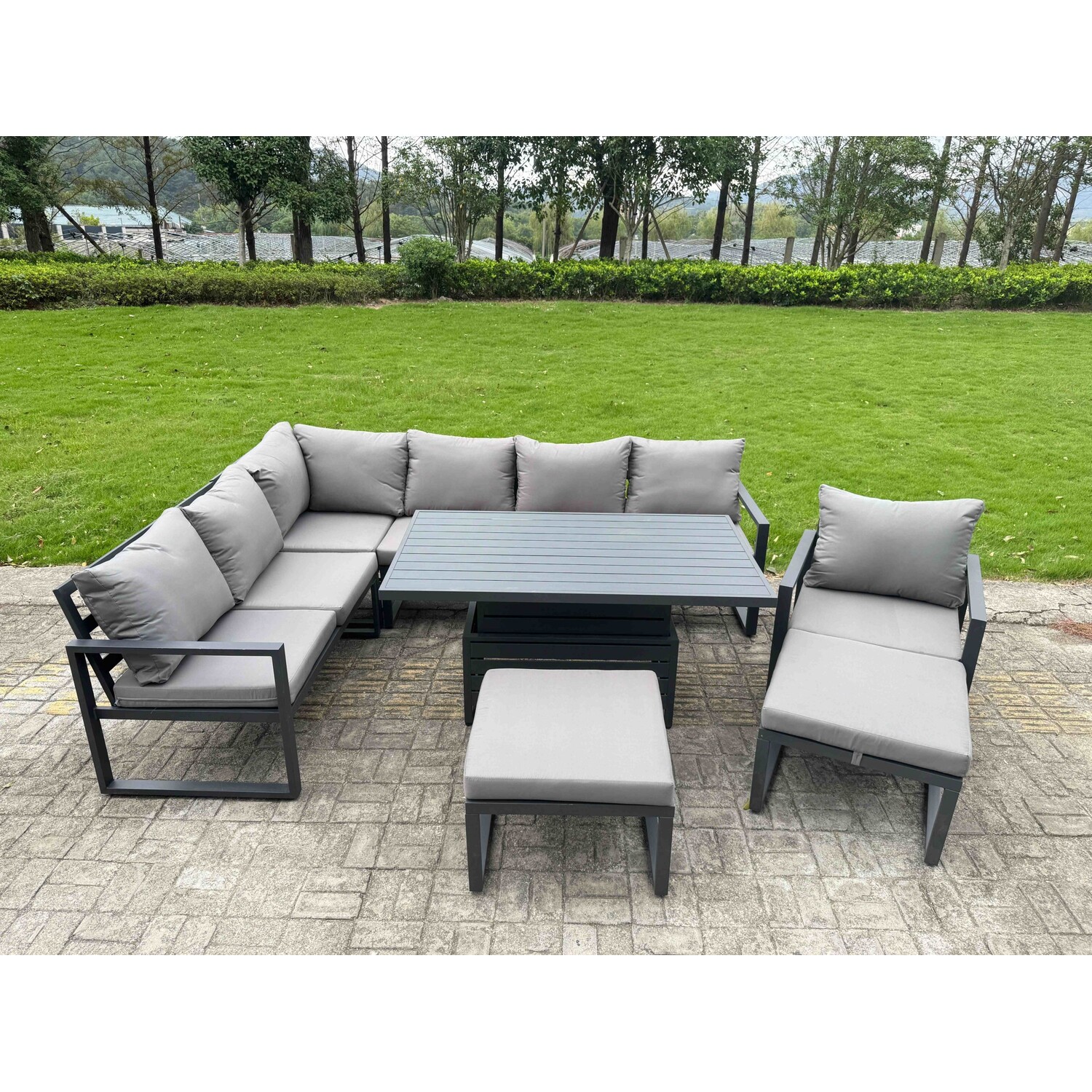 Fimous Aluminium Garden Furniture Sets,9 Seater Outdoor Conversational Dining Set With Adjustable Rising Lifting Dining Table,2 Big Footstools Dark Gr - Image 3