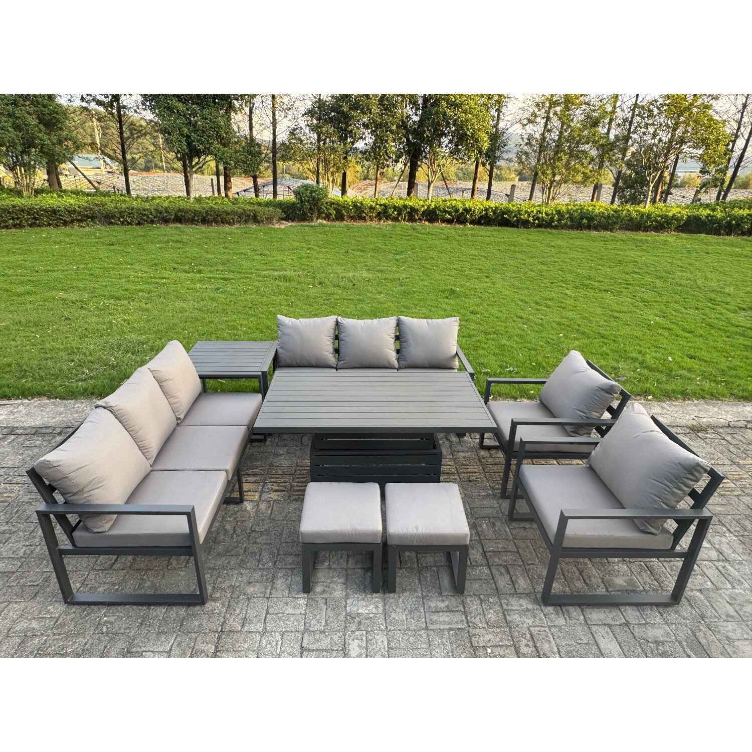 B&Q - 8 Piece Garden Furniture Set 10-Seater Aluminium With Adjustable Rising Lifting Dining Table & Cushions Dark Grey - Image 2