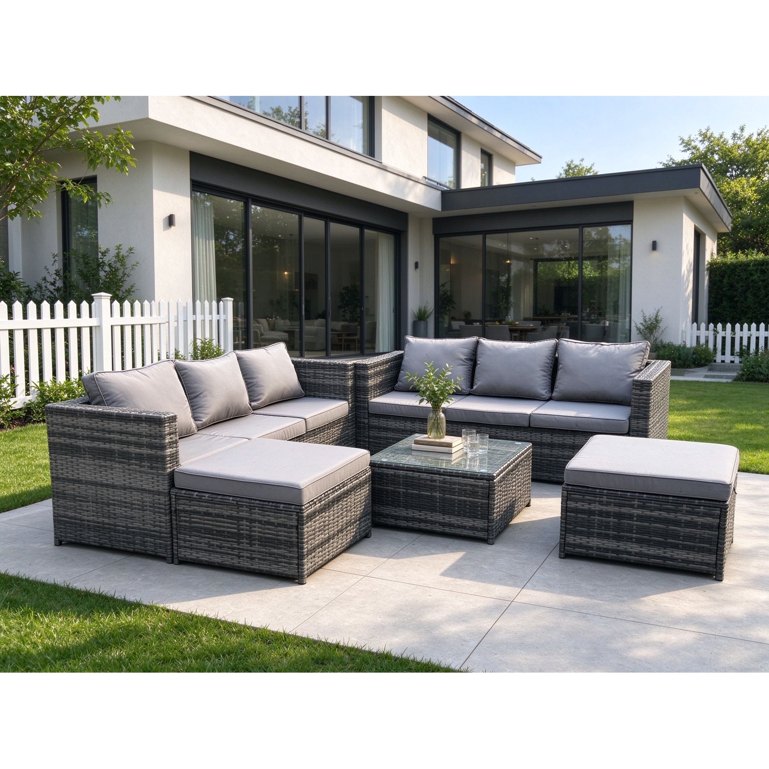 Fimous Unisex Dark Grey Seater Rattan Garden Furniture Set Patio Outdoor Lounge Sofa Set With Square Coffee Table 2 Big Footstool Mixed Size 8 - Image 2