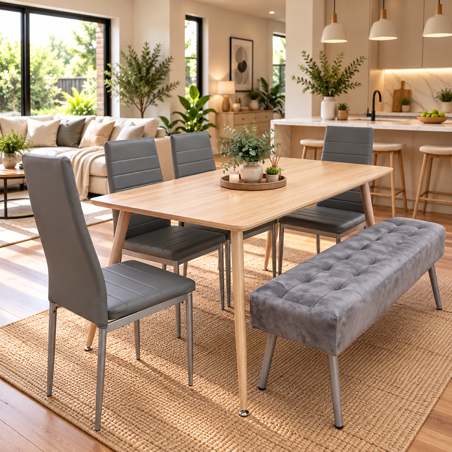 Kosy Koala Dining Table Set With 4 Grey Chairs And 1 Grey Velvet Bench - Image 1