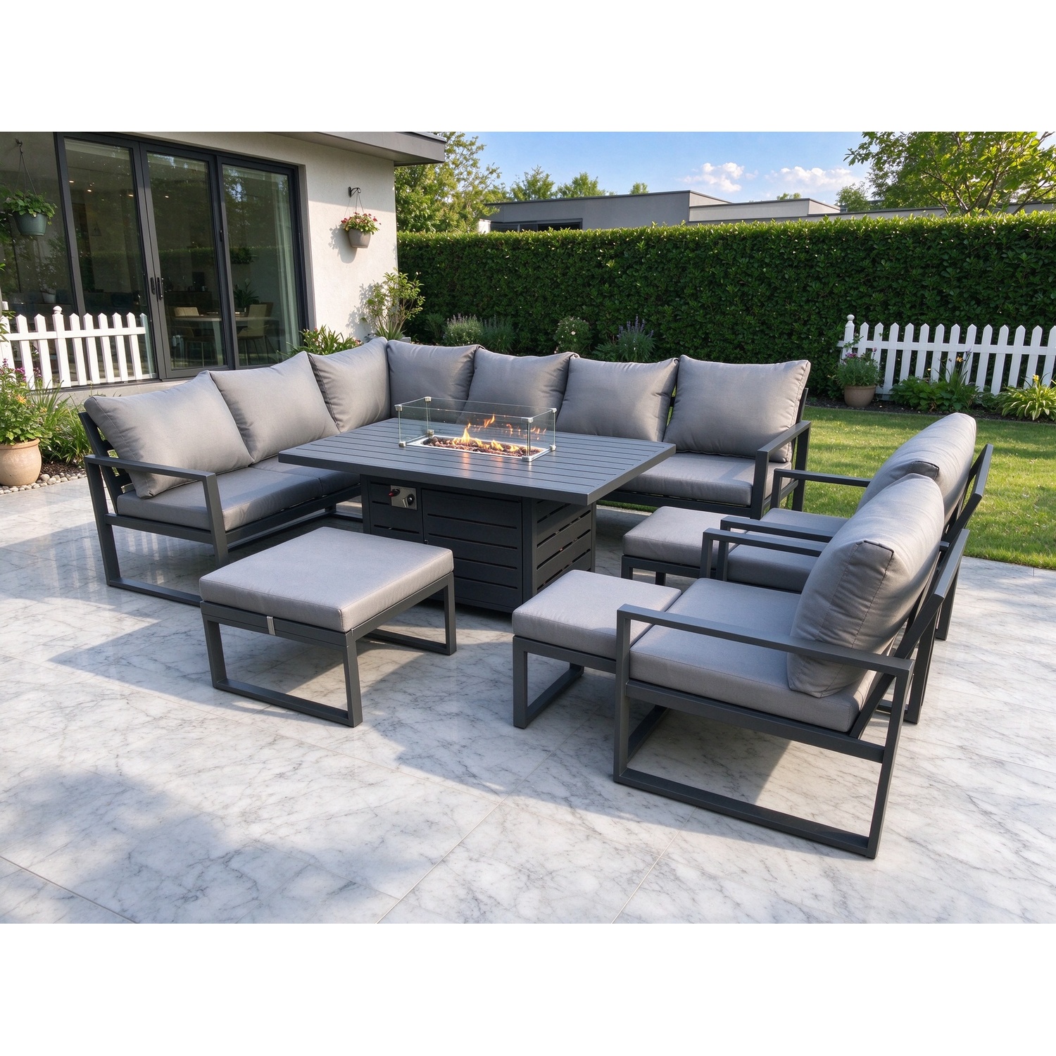 Fimous Aluminium 10 Pieces Garden Furniture Corner Sofa Set With Cushions Gas Fire Pit Dining Table Set With 2 Chairs 3 Footstools Dark Grey - Image 3