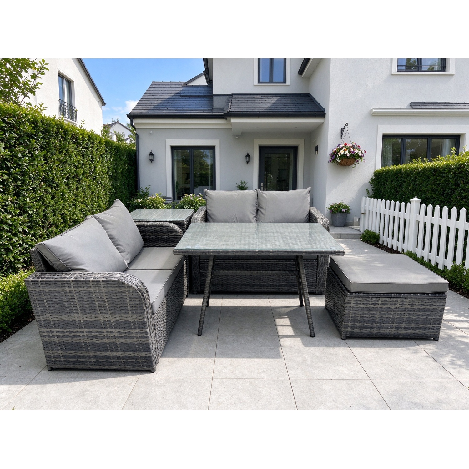 Fimous Dark/Grey Outdoor Garden Furniture Sets 5 Pieces Wicker Rattan Furniture Sofa Sets With Rectangular Dining Table Love Sofa Big Footstool Side Table - Image 2