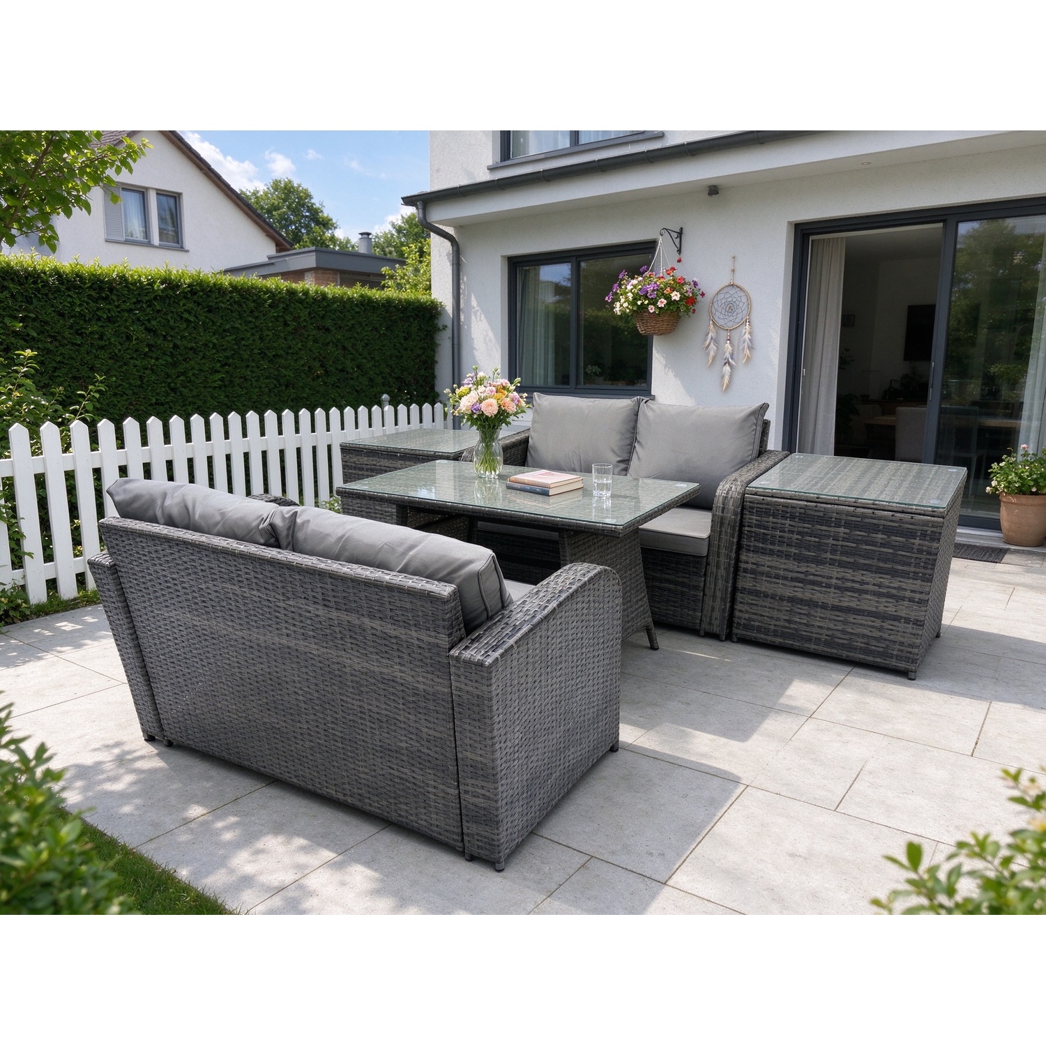 Rackhams Dark/Grey 4 Seater Garden Outdoor Rattan Furniture Set Rattan Sofa Oblong Dining Table With 2 Side Table - Image 2