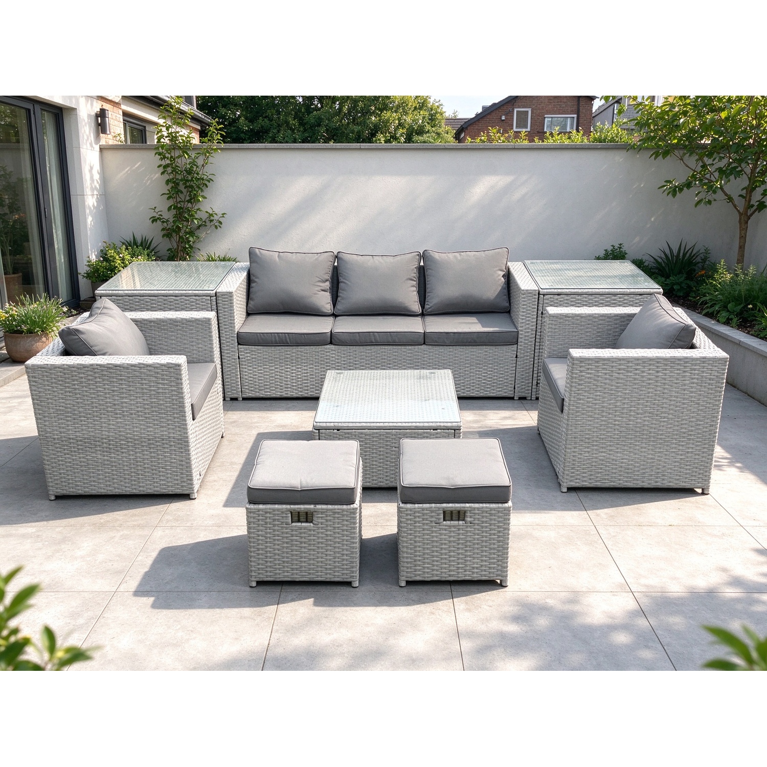 Rackhams Light/Grey 7 Seater Rattan Garden Furniture Set With 3 Seater Sofa 2 Chair Square Coffee Table 2 Small Footstools 2 Side Tables Mixed - Image 2