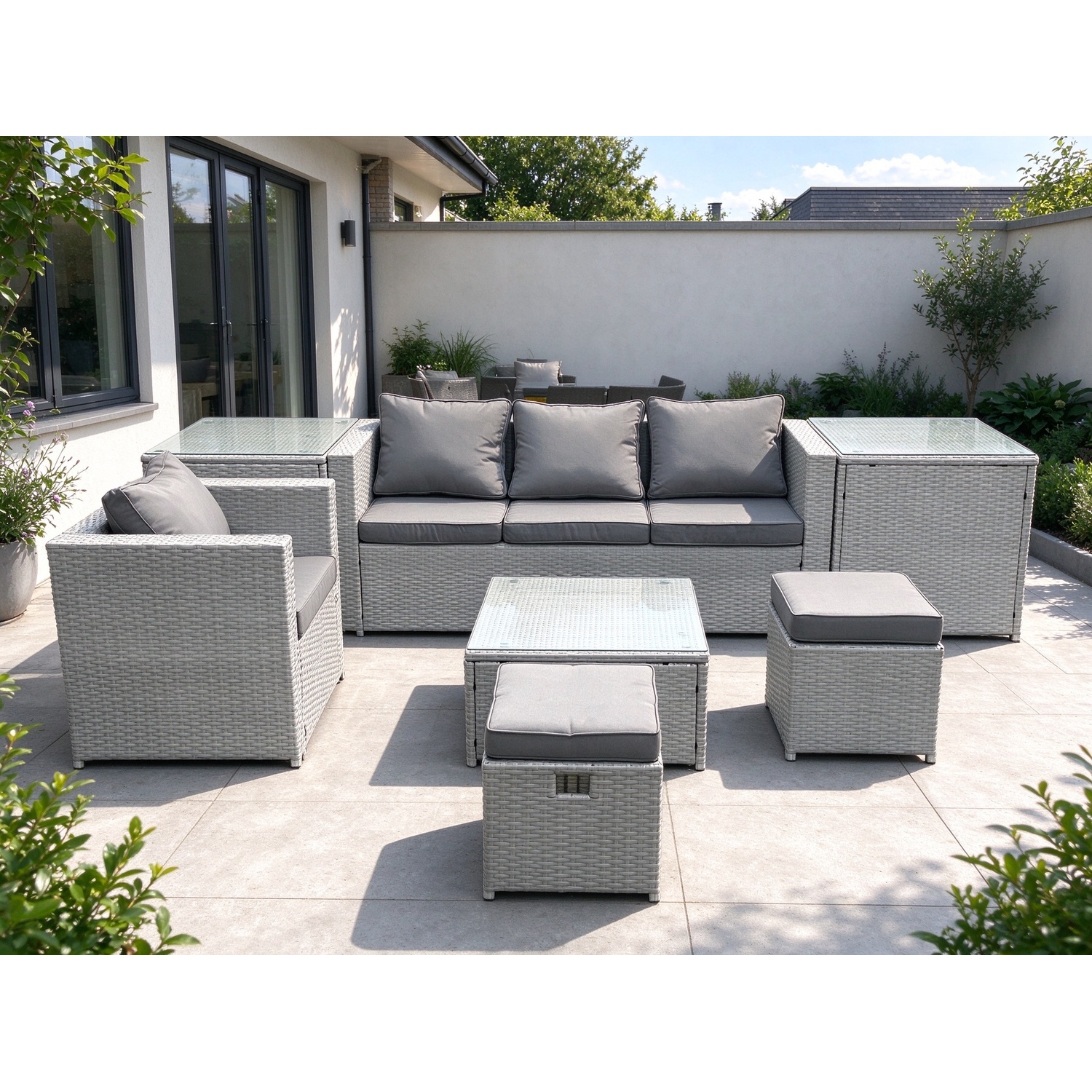 B&Q - Garden Outdoor Furniture Set 6 Seater Rattan Sofa Set Big Stool Armchair 2 Side Tables Light Grey - Image 2