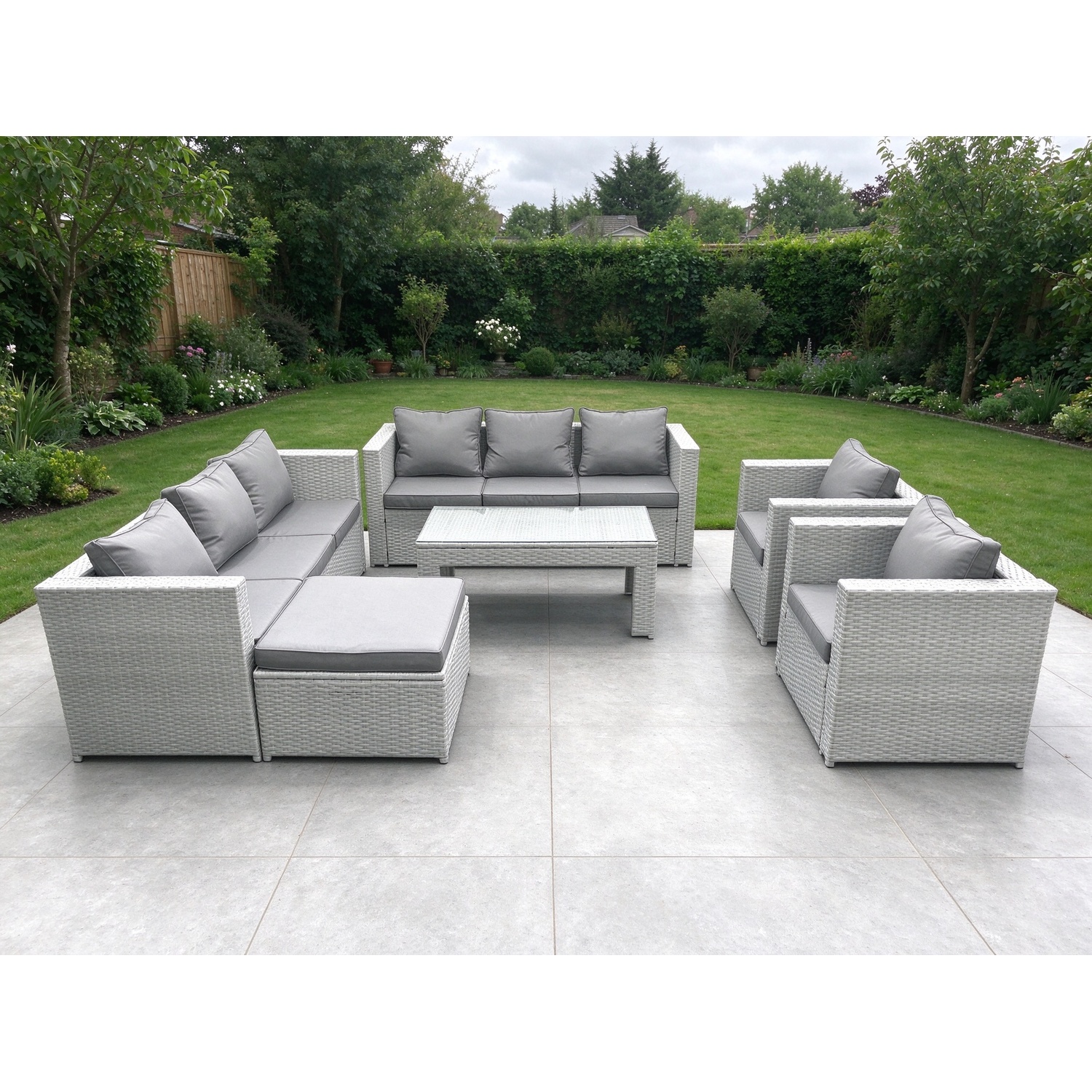 Fimous Light/Grey Outdoor Garden Furniture Rattan Sofa Set With 2 Armchairs Oblong Coffee Table Big Footstool Mixed - Image 2