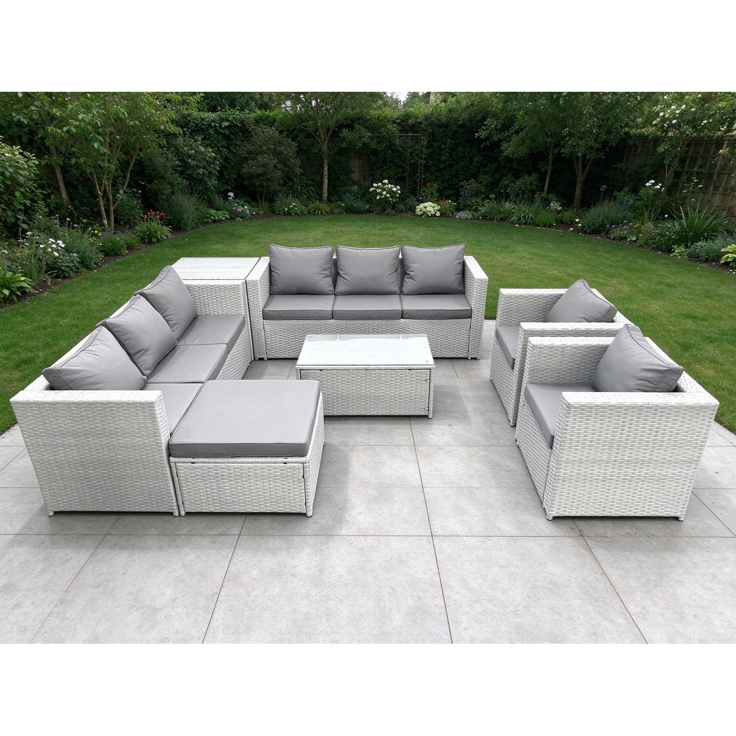 B&Q - Outdoor Rattan Sofa Garden Furniture Set 2 Armchairs Oblong Coffee Table Big Stool Side Table Light Grey - Image 2