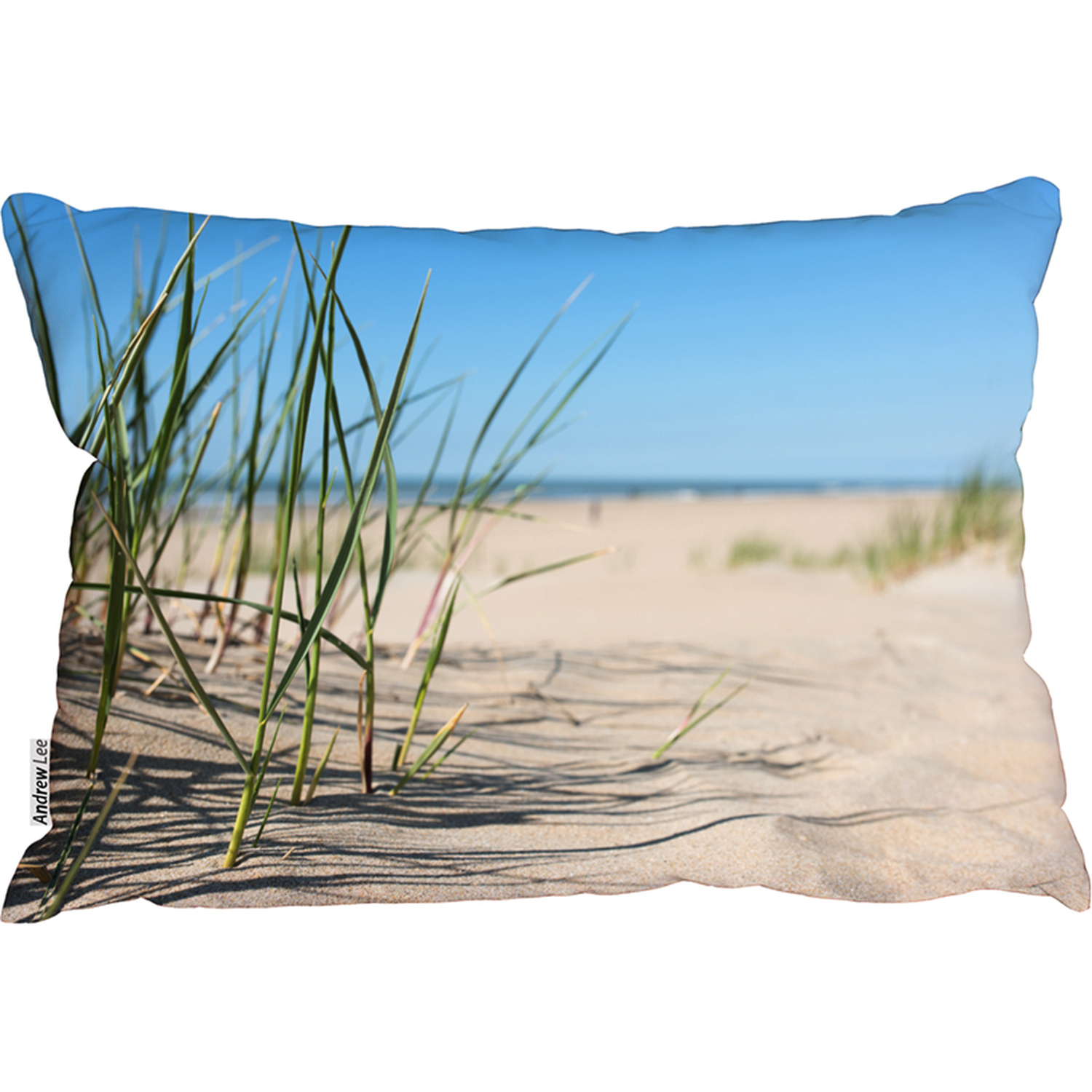 Grass In The Sand Dunes With The Lake In The Background Outdoor Cushion - Blue