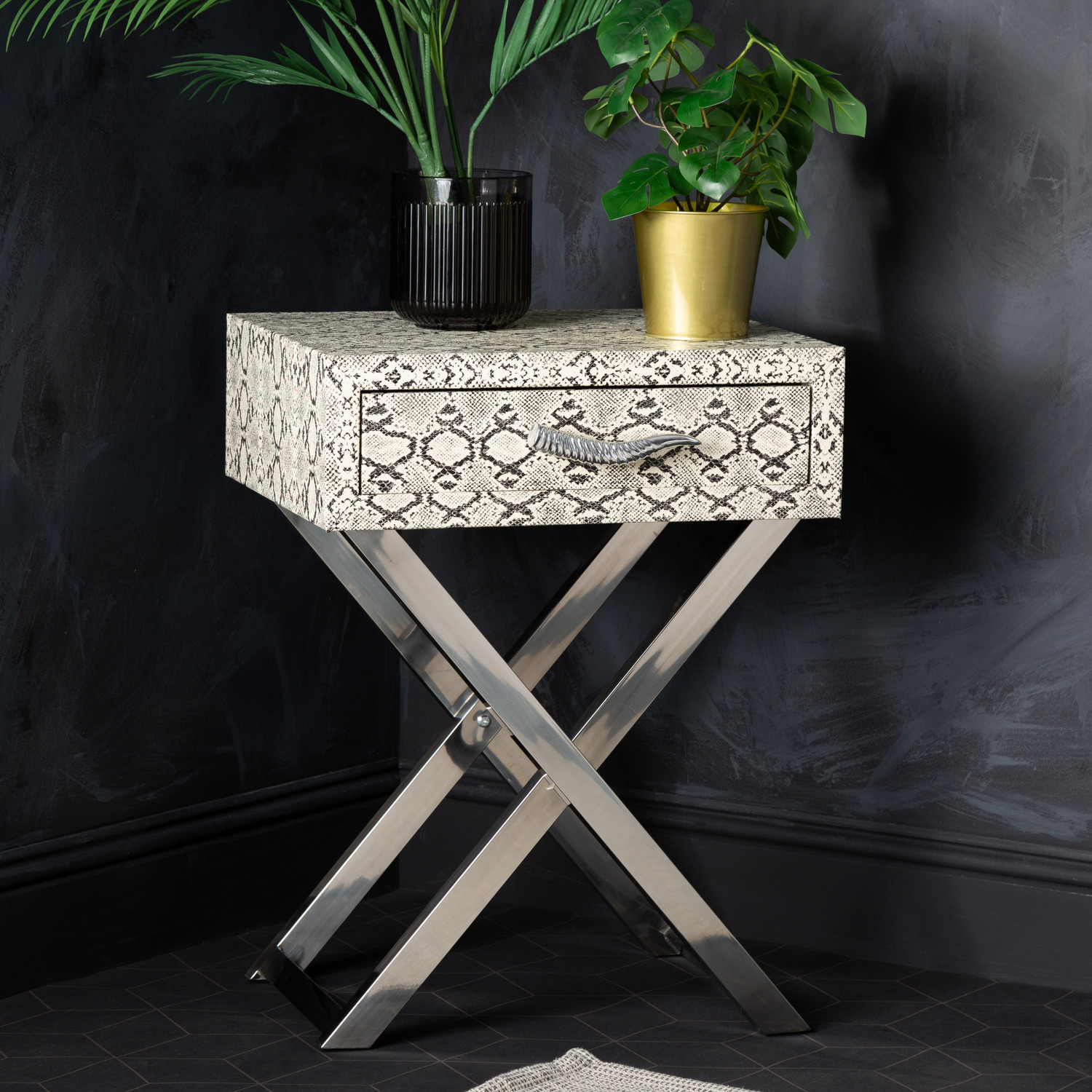 VANITY LIVING - Faux Snake Leather 1 Drawer Side Table, End Table - Black/white thumbnail