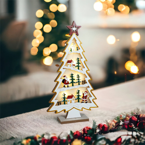 Natural festive Wood LED Light Up Christmas Village With a Tree Scene