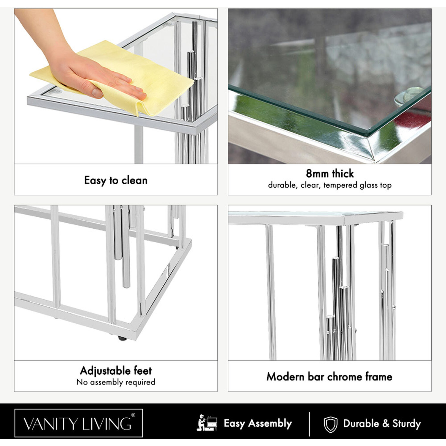 Vanity Living - 61cm Chrome Steel Sofa Table with Glass Top - Silver thumbnail