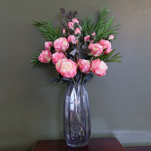 Geometric Glass Vase Pink Peony and Berry Artificial Flowers