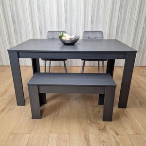 Dark Grey Dining Table with 2 Grey Tufted Chairs And Bench