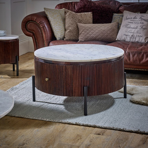Luxor Mango Wood Round Fluted Coffee Table With Marble Top  Metal Legs