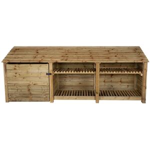 Triple Bay Wooden Garden Tool and Firewood Storage Withs Shelf