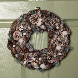 Frosted Hanging Christmas Wreath with wooden stars and pine cones