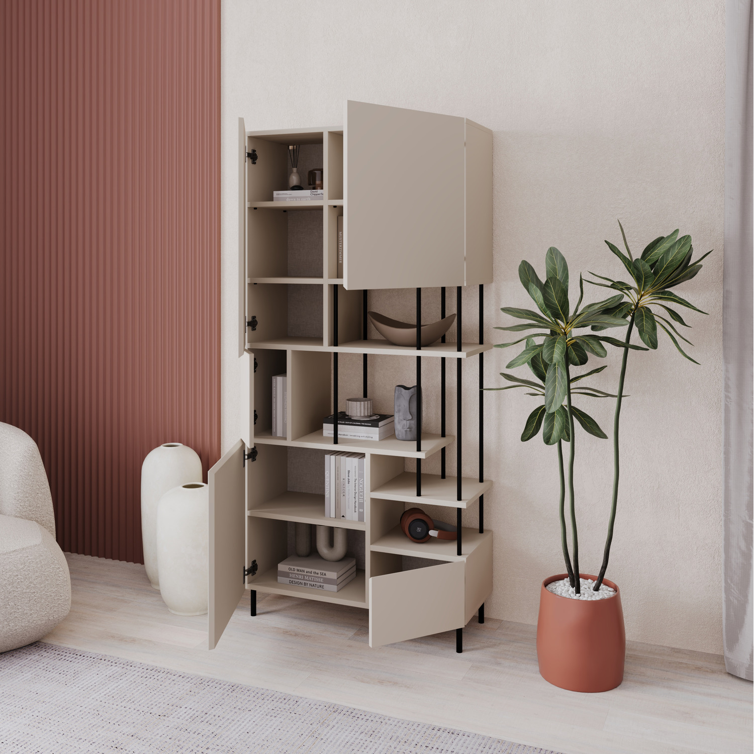 Modern Key Bookcase 5-Door Cabinet with Open Shelves