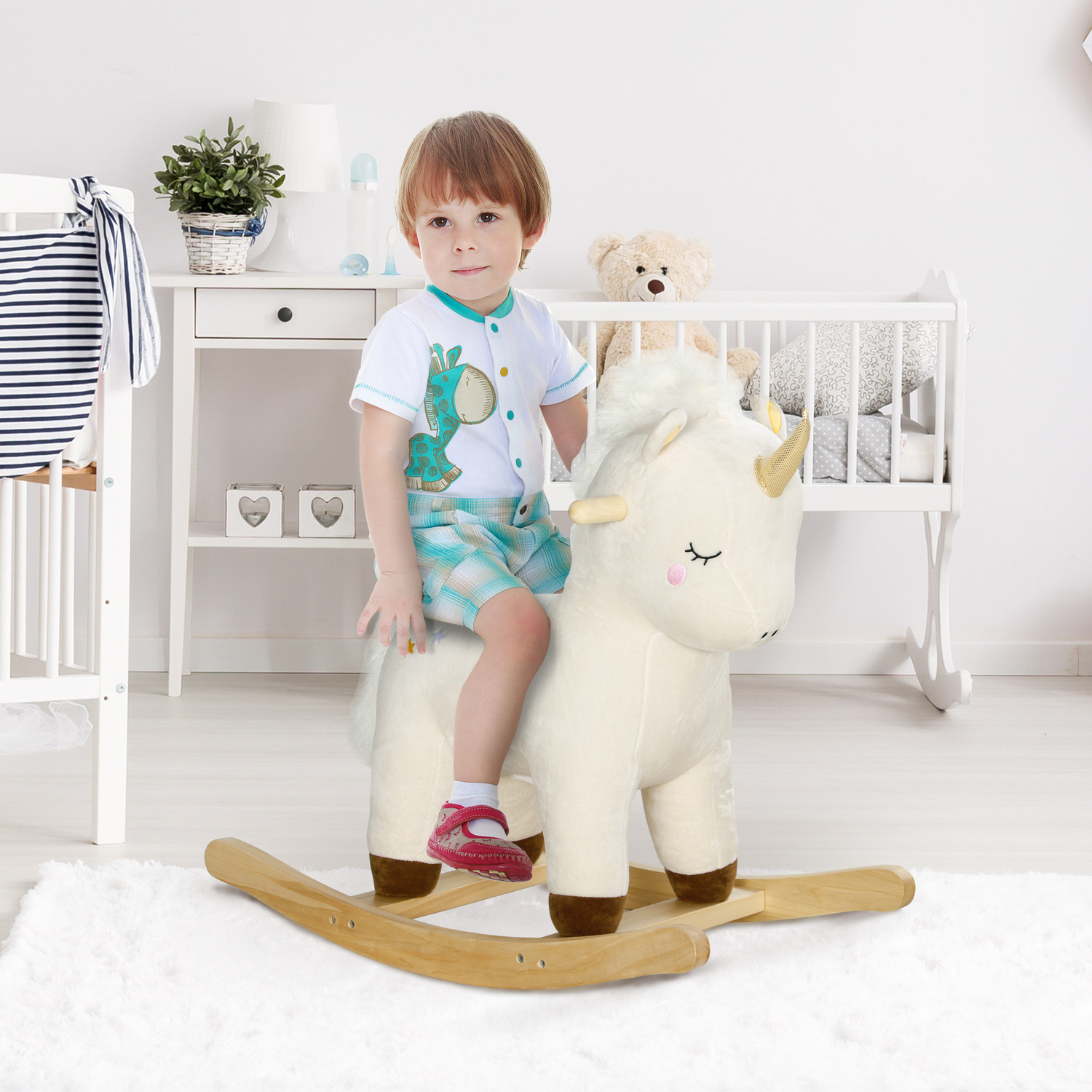 AIYAPLAY Rocking Horse with Unicorn Design, Sound, for 2-4 Years Old - White