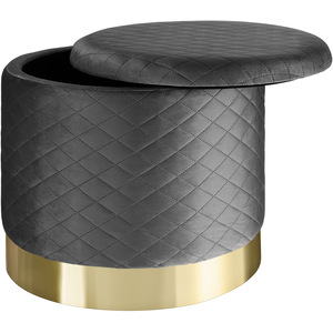 Stool Coco - Round, Padded, Velvet Quilted Pattern, Storage Space