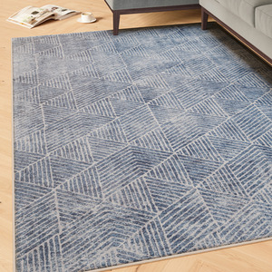 Denim Blue Geometric Washable Area Rug