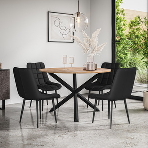 Malvern Round Oak Effect Dining Table Set w 4-6 Nova Faux Leather Chairs