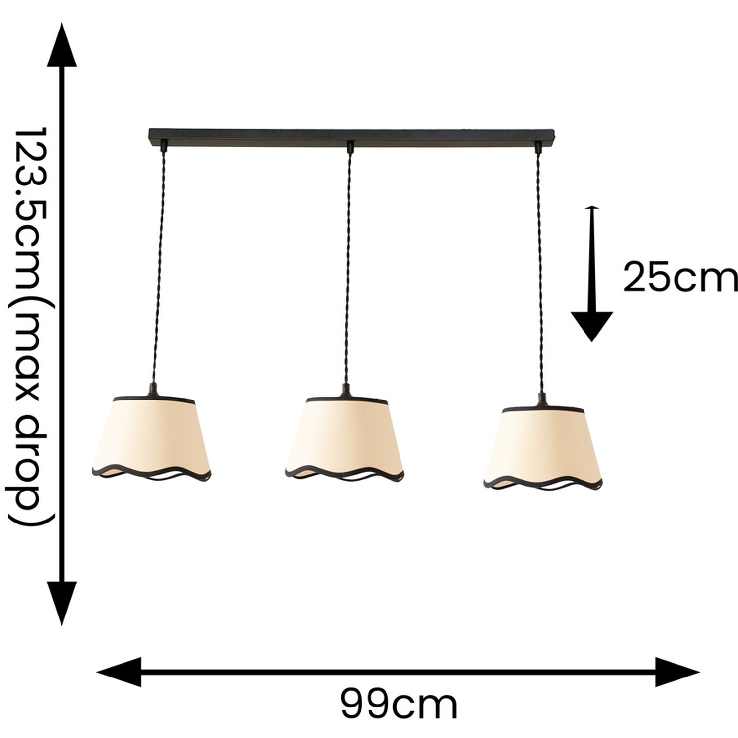 Dutton Scallop 3 Drop Bar Ceiling Pendant Light With Led Bulbs - Black