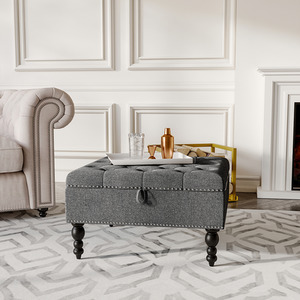 Square Tufted Linen Storage Ottoman with Wood Legs