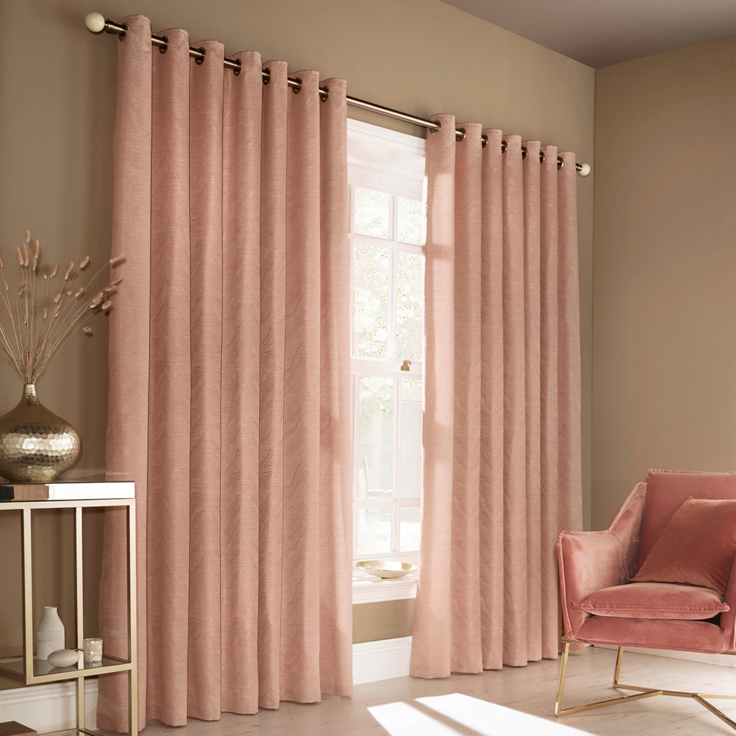 Set of 2 Himalaya Jacquard Eyelet Curtains - Blush Pink / 229cm / 168cm