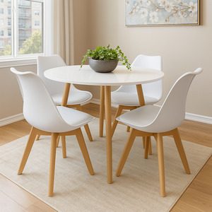 Round White Wood Dining Table with 4 White Chairs Set
