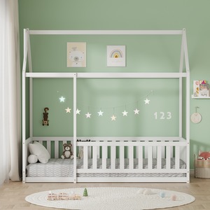 HMD Solid Pine Wood House Kids Bed with Guardrails