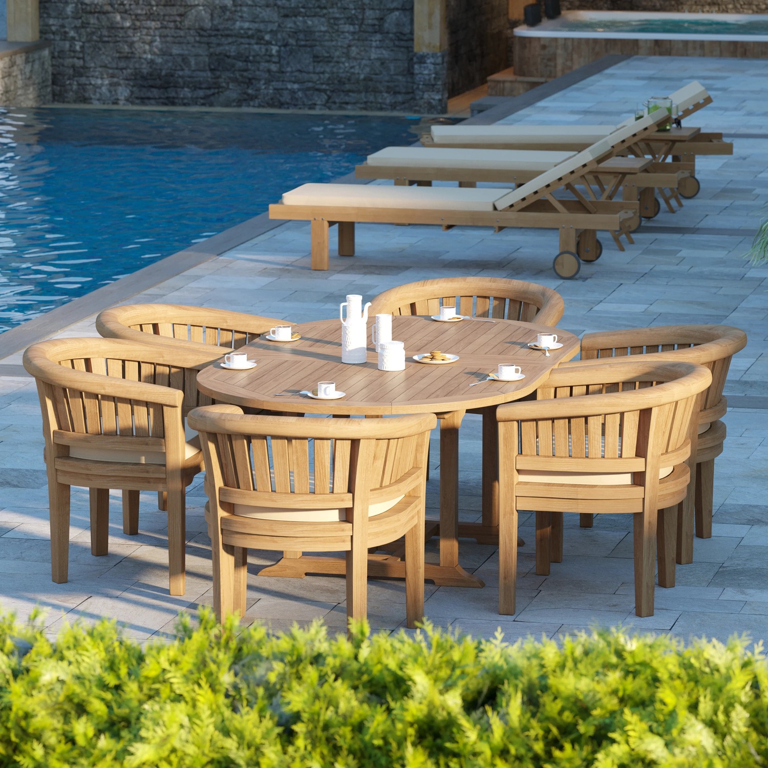 Salerno Teak Garden Dining Table And 6 Seat Chair Set - Teak Table 6 Chairs Cream Cushions