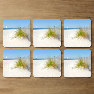 Dune fence by sea grass with sailboat on horizon Designer Coaster Set