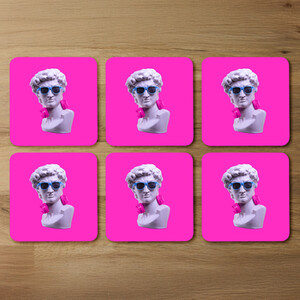 Plaster statue of David's head in blue sunglasses Designer Coaster Set