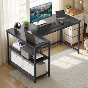 L Shaped Corner Desk, Computer Gaming Desk, Ebony Black