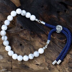 925 Silver Plated Gemstone Navy  White Howlite Adjustable Bracelet