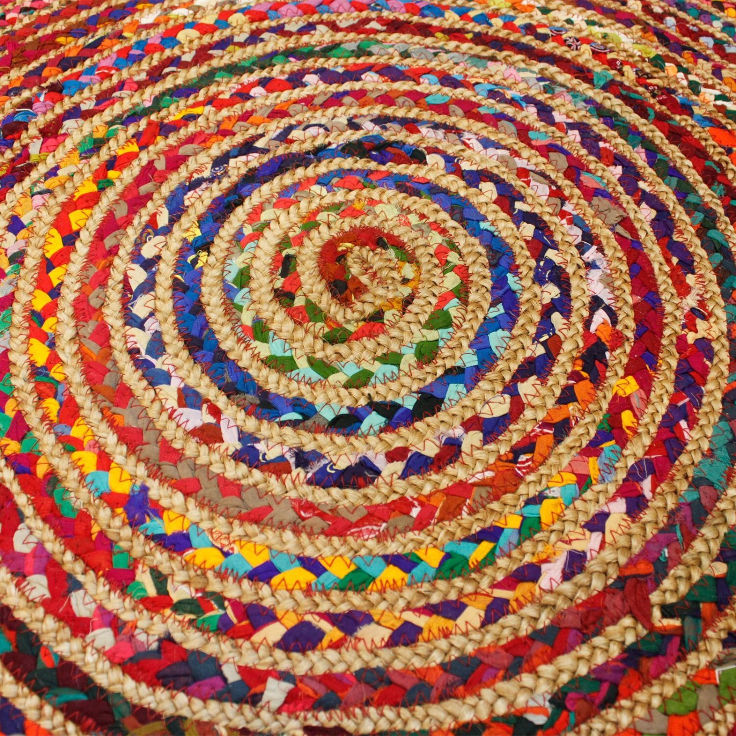 Handmade Round Jute Recycled Cotton Rug - Multi