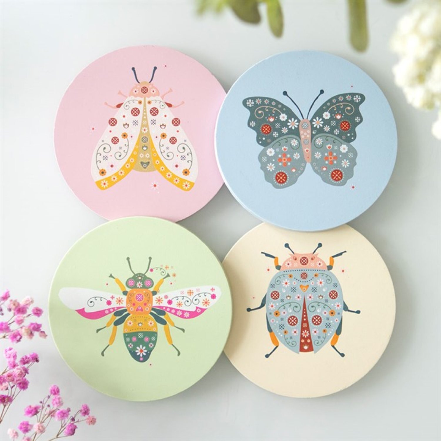 Image of Floral Bug Coaster Pastel Whimsical Bug&hellip;